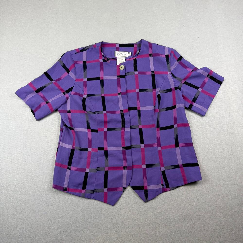 Vintage Kathy Che Purple Plaid Short Sleeve Blouse Size 12